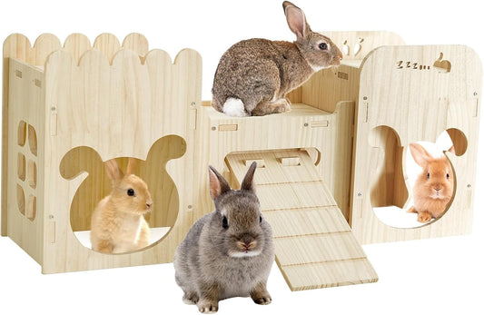 Natural Wooden Rabbit Castle House,Extra Large Hideout for Rabbit Guinea Pig Chinchilla Ferret,Sturdy Bunny House with Stair