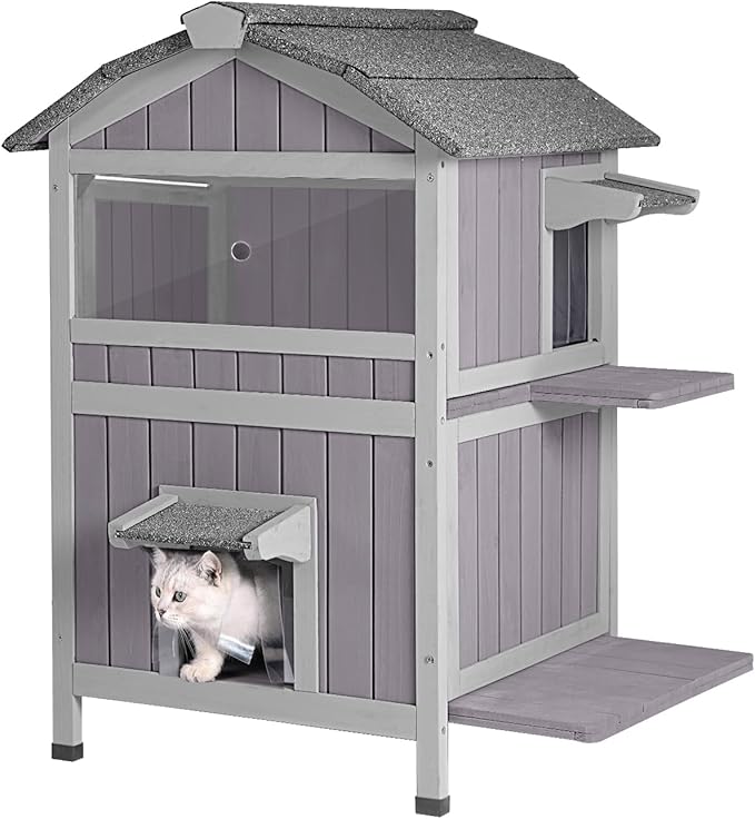 Cat Houses for Outdoor Cats 2-Story Large Cat Condo for Multiple Cats, Weatherproof Feral Cat Shelter with Window, Easy Clean Wood Kitty House