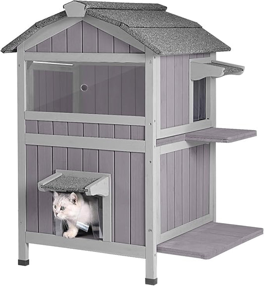 Cat Houses for Outdoor Cats 2-Story Large Cat Condo for Multiple Cats, Weatherproof Feral Cat Shelter with Window, Easy Clean Wood Kitty House