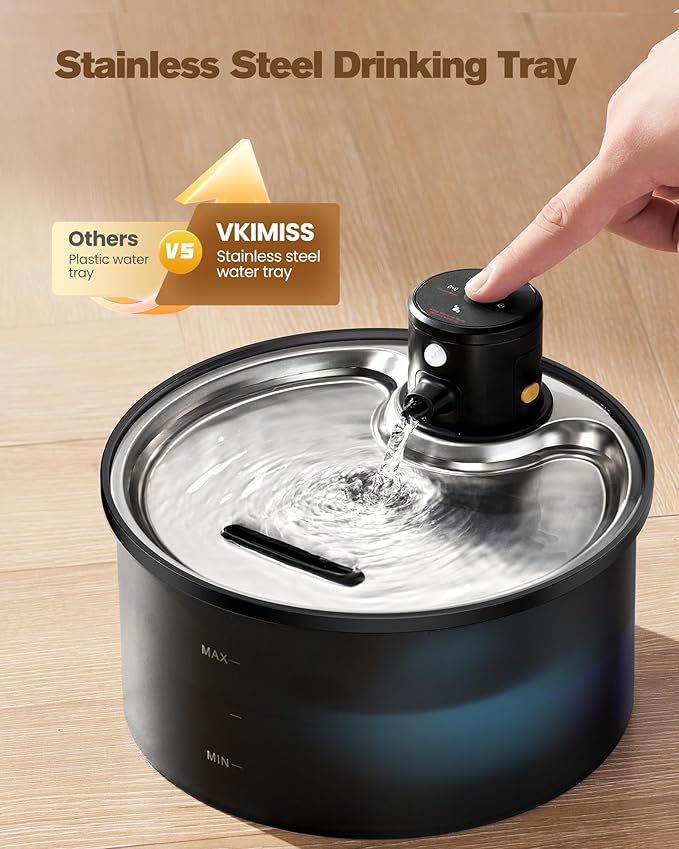 Wireless Cat Water Fountain Cordless: 108oz/3.2L Battery Operated Pet Fountain with Stainless Steel Water Tray + Plastic Barrel (Cat Fountains with 8 Filters & 8 Sponges)