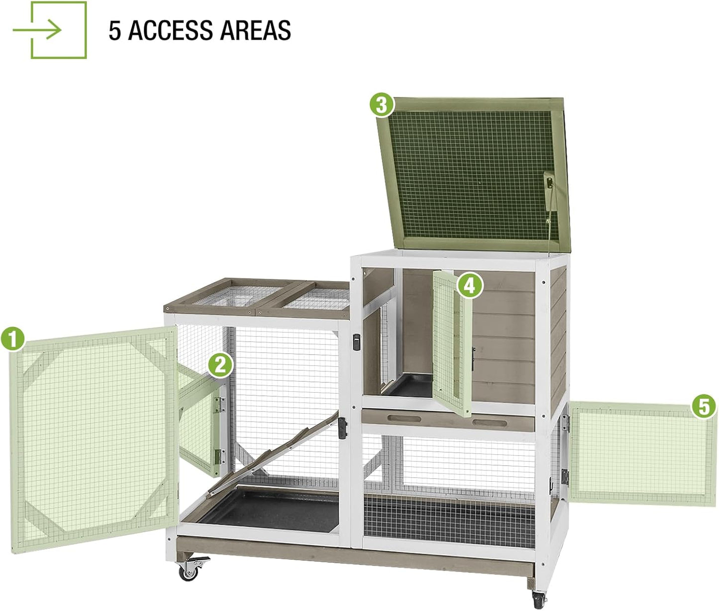 GUTINNEEN Rabbit Hutch Indoor Mobile Bunny Cage with Run Wooden 2 Story Guinea Pig Cage Outdoor for Small Animals with Wheels,Two Deeper No Leak Trays(Grey)