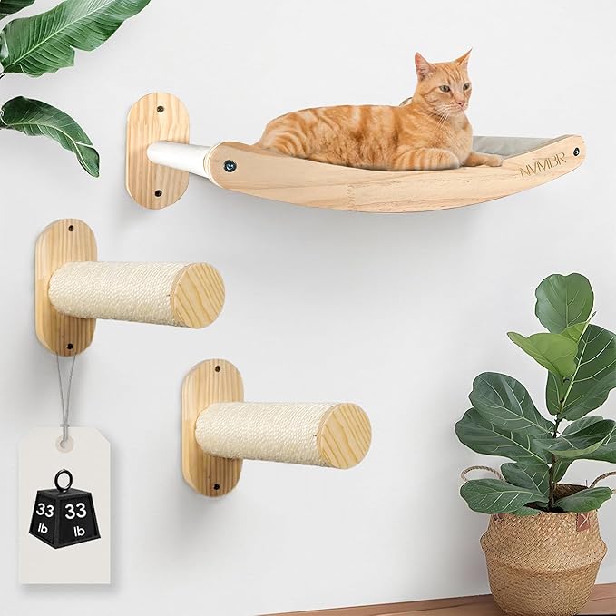 NVMBR Cat Shelves Hammock Lounge with Sisal Stairs Set, 16 inch Stud Design, Easy Install Mounts, Holds up to 33 lbs Climber Indoor Perches for Walls, Furniture and Beds