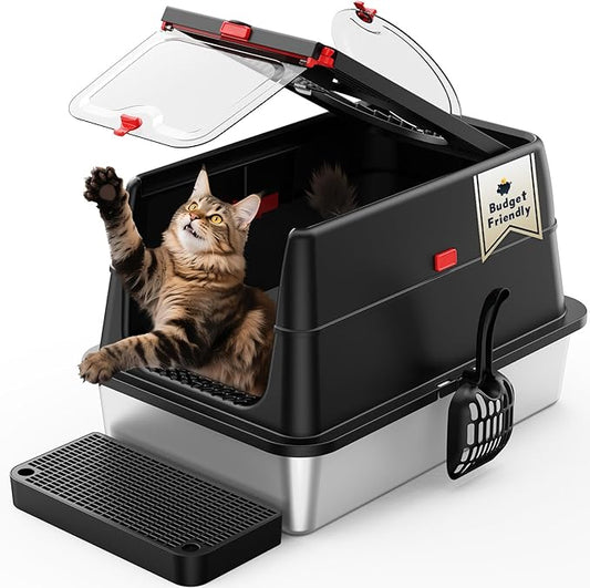 Stainless Steel Litter Box: Enclosed Cat Litter Box with Flip Lid Self Cleaning and High Sided Top Entry Design, XL Extra Large Metal Kitty Litter Pan Tray for Big Cats, Built-in Carbon Filter Pouch