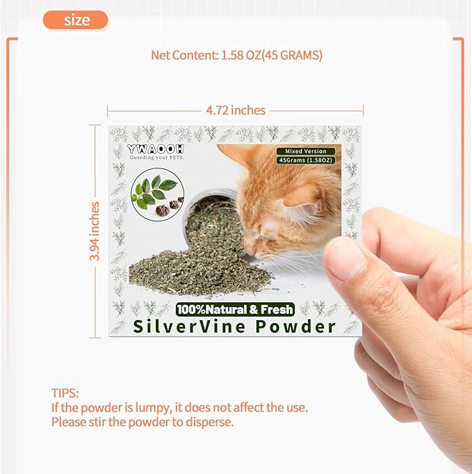 Cat Toys - Blend Silvervine Powder 45g with 5 Reusable Pouches, Catnip Alternative, 100% Natural Silver Vine Gall Fruit Powder & Silvervine Leaves, Suitable for All Cat Ages