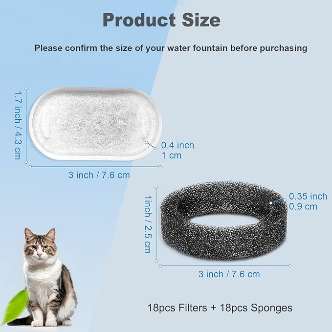 Cat Water Fountain Filters, 36 Pack Replacement Filters for 108oz/3.2L& 67oz/2L Stainless Steel Dog Water Fountain（18 Filters & 18 Sponges