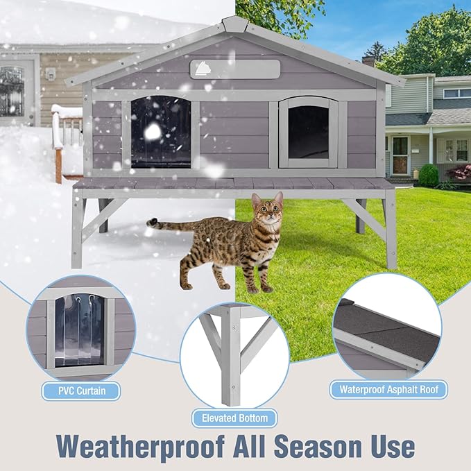 Insulated Outdoor Cat House with Balcony Weatherproof Kitty Shelter with Insulated Liner Large Feral Cat Shelter with Escape Door