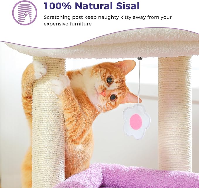 PEQULTI Cat Tree Flower Cat Tower for Indoor Cats with Private Cozy Cat Condo, Natural Sisal Scratching Posts and Plush Pom-pom for Small Cats, Purple