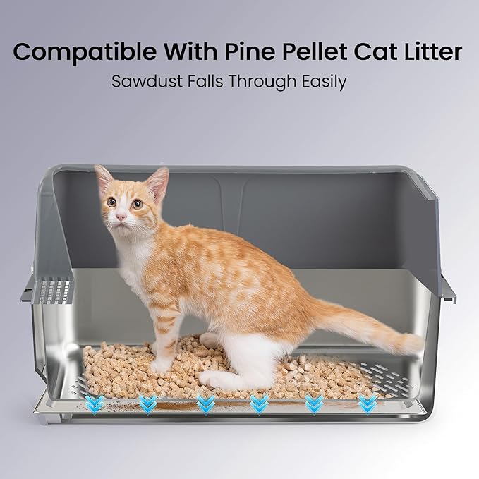 23.6''x15.6''x12'' Stainless Steel Sifting Litter Box with Sifter, Pine Pellet Litter Box with Lid for Big Cats, Built-in Sifter, No Waste Bag Needed, Easy to Clean & Durable (Grey)
