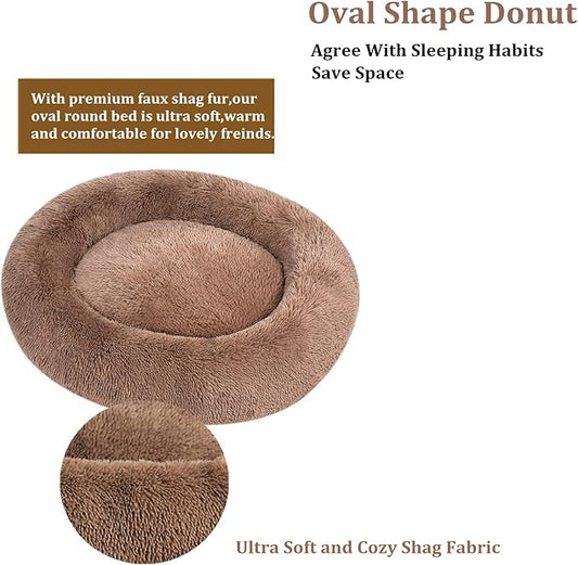 Coohom Oval Calming Donut Cuddler Dog Bed,Shag Faux Fur Cat Bed Washable Round Pillow Pet Bed(30"/36"/43") for Small Medium Dogs (XXL(43"x34"x8"), Camel)