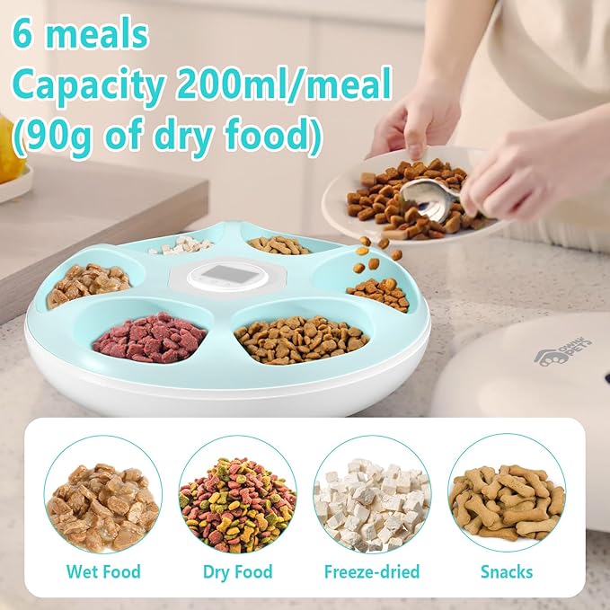 Ownpets 6 Meals Automatic Cat Feeder for Wet/Dry Food, with 2 Ice Packs, Programmable Timed Pet Feeder, Cordless Rechargeable Battery Auto Feeder for Cats/Small Dogs