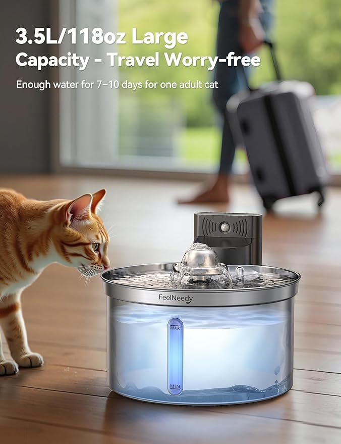 Cordless Cat Water Fountain Stainless Steel with Motion Sensor, Water-Battery Separation Safety Design,4000mAh Battery Operated Cat Water Dispenser for Cats Dogs, 3.5L/118oz - [FN-W19]