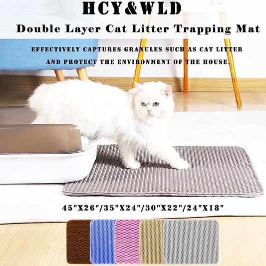 HCY&WLD Cat Litter Mat, Honeycomb Double Layer Cat Litter Trapping Mat, Waterproof Urine Proof Non-Slip, Scatter Control, Less Waste, Easier to Clean (Light Gray, 35" X 24")