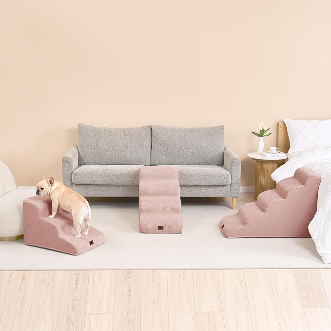 EHEYCIGA Curved Dog Stairs Ramp for High Beds 19.7" H, 4-Step Dog Steps for Small Dogs and Cats, Pet Stairs for High Bed Climbing, Non-Slip Balanced Pet Step Indoor, Dusty Pink