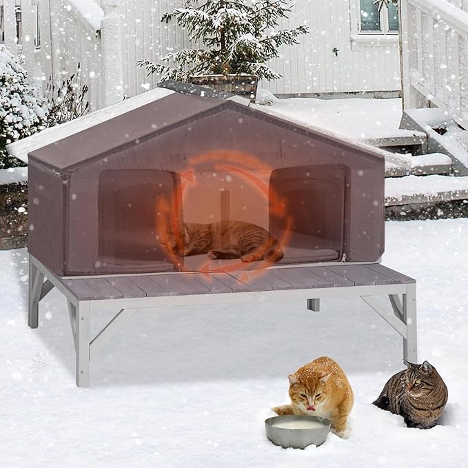 Outdoor Cat House with Insulated Liner,Weatherproof Outside Feral Kitten Shelter for Winter,Wooden Cat Codons with Large Balcony