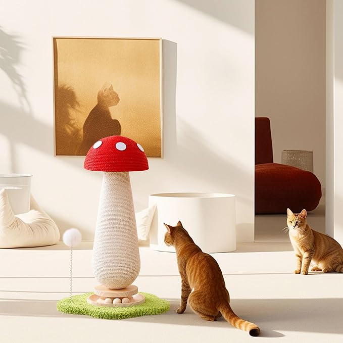 21.5‘’ H Cat Scratching Post with Catnip,Cute Mushroom Cat Scratcher Post with Durable Solid Wood Turntable Toy,Mushroom Shape Design Cat Toy Cat Sisal Scratcher for Indoor Cats (Cloud Base)