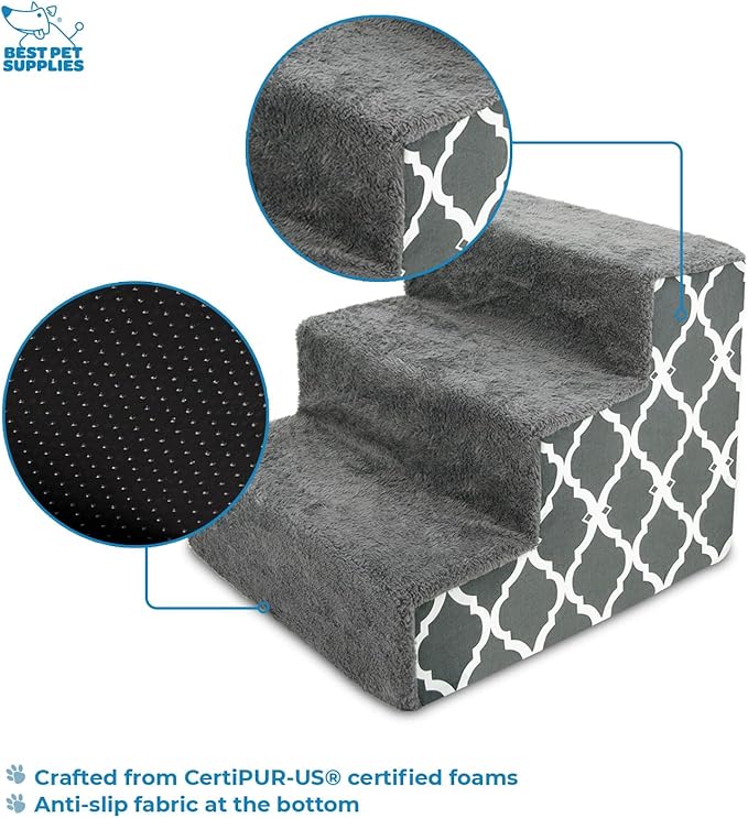 Best Pet Supplies Dog Stairs & Steps - Foam Steps for Small Dogs & Cats, Non-Slip Indoor Balanced Pet Step Support, Dog Ramp, No Assembly, Gray Lattice Print, 3-Step (13.5-inch Height)