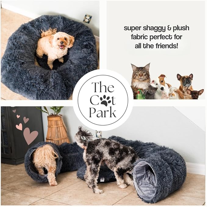 Cat Tunnels for Indoor Cats Large – Fluffy Donut Tunnel Bed with Soft Mat & Plush Toy – Peekaboo Cat Cave Bed for Napping & Play – Dark Gray, The Cat Park