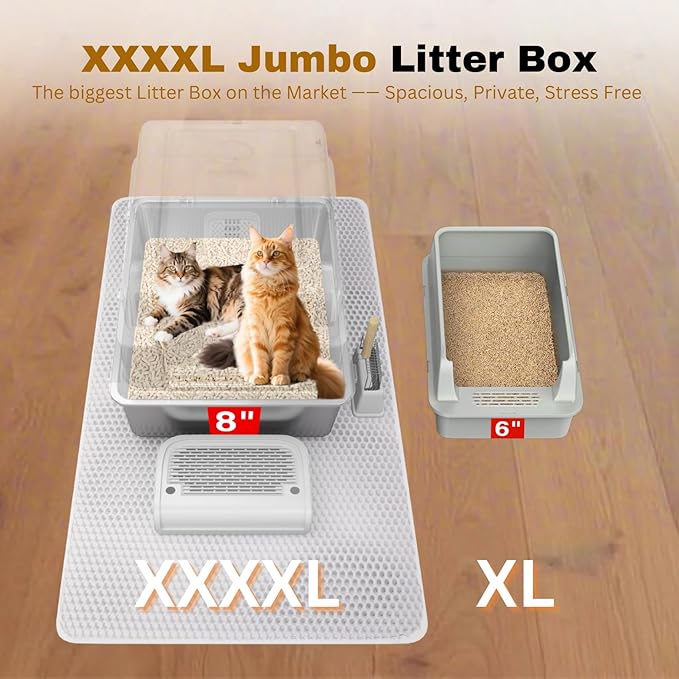 XXXXL Jumbo Stainless Steel Litter Box with Lid for Maine Coon, 28" L x 20" W x 19" H Extra Large Stainless Steel Cat Litter Box for Big Cat and Multi-Cats Families,Non-Sticky, Anti-Leakage