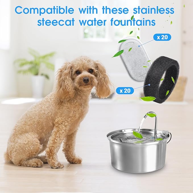 40 Pack Cat Water Fountain Filters-Cat Fountain Replacement Filters for Stainless Steel 108/3.2L& 67oz/2L Adjustable Water Flow Pet Water Fountain(20 Pack Pet Water Filter Refills+20 Pack Sponges)