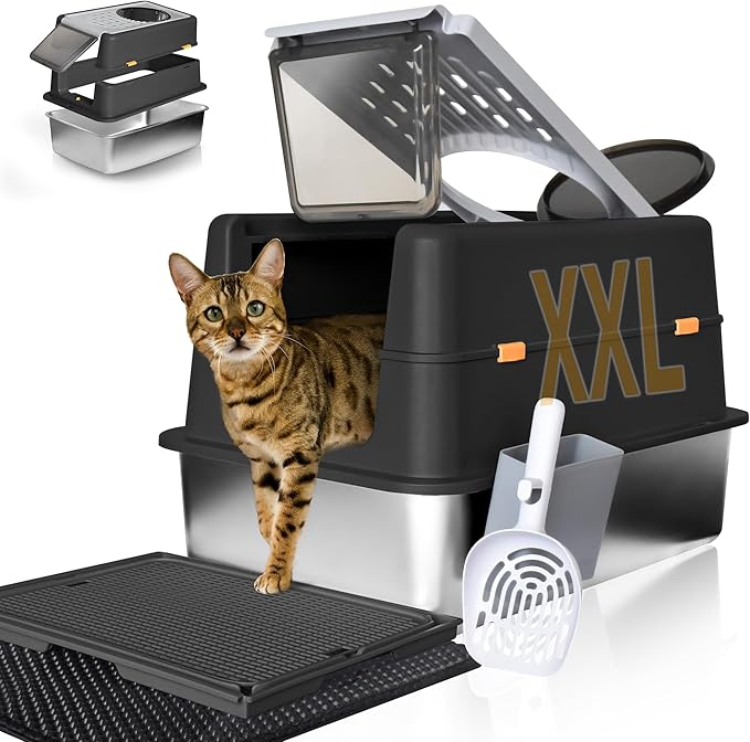 Stainless Steel Litter Box with Lid, XXL Extra Large Metal Cat Litter Boxes for Big Cats Enclosed, Easy to Scoop with Litter Scoop Set, High Sides Enclosure Anti-Urine Leakage Non-Sticky, Black