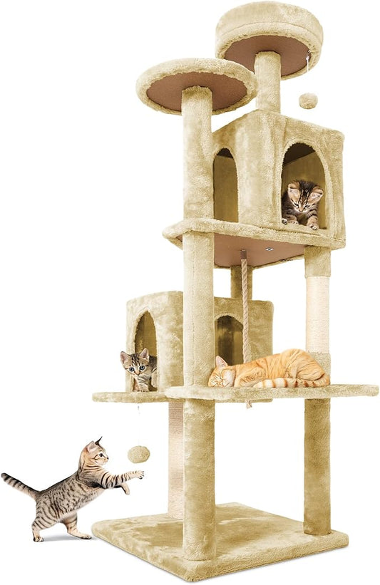 58.5inch Large Cat Tree Tower Condo for Indoor Cats, Soft Plush Multi-Level Climbing Tree Cat House with 1 360° Rotating Cat Cave, Scratching Post, More Entrance/Exit, Sisal Rope, Light Yellow