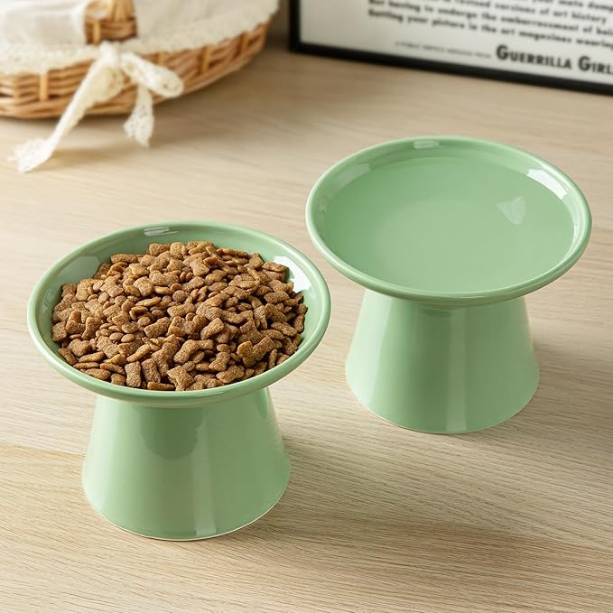 6.2 Inch Extra Wide Elevated Ceramic Cat Bowls, Food and Water Bowl Set for Elder Big Cats Small Dogs, Raised Design for Pet Easy Eating, Protect Cat's Spine Set of 2(Light Green)