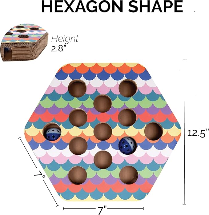 Furhaven Scratching Pad Ball Track Cat Toy w/ Catnip for Indoor Cats - Hexagonal Busy Box Scratcher - Rainbow Scales, One Size