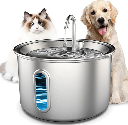 Stainless Steel Cat Water Fountain, 3.2L/108oz Quiet Automatic Cat Water Dispenser, Indoor Pet Spout, Dog Drinking Bowl with 1x Filter & 1x Sponge for Cats/Dogs/Multiple Pets - Silver