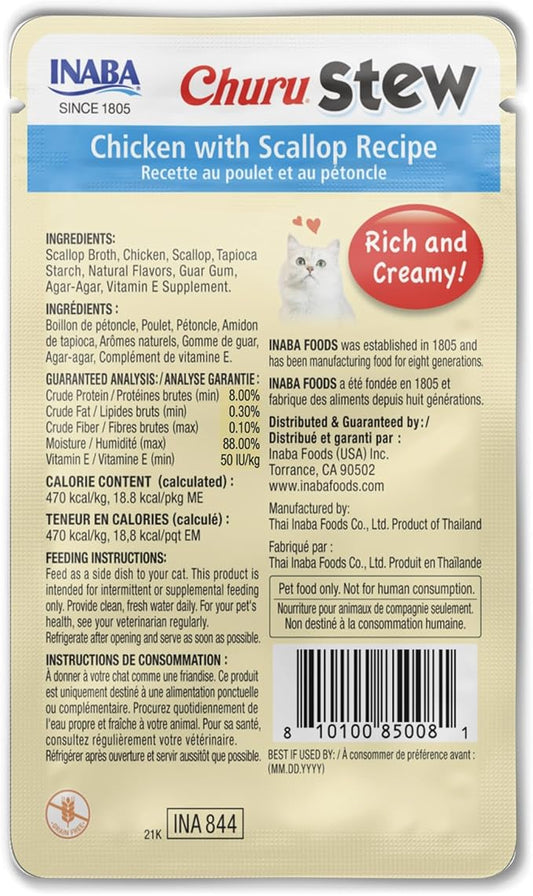 INABA Churu Stew for Cats, Side Dish Pouch with Vitamin E, 1.4 Ounces per Pouch, 12 Pouches, Chicken with Scallop Recipe