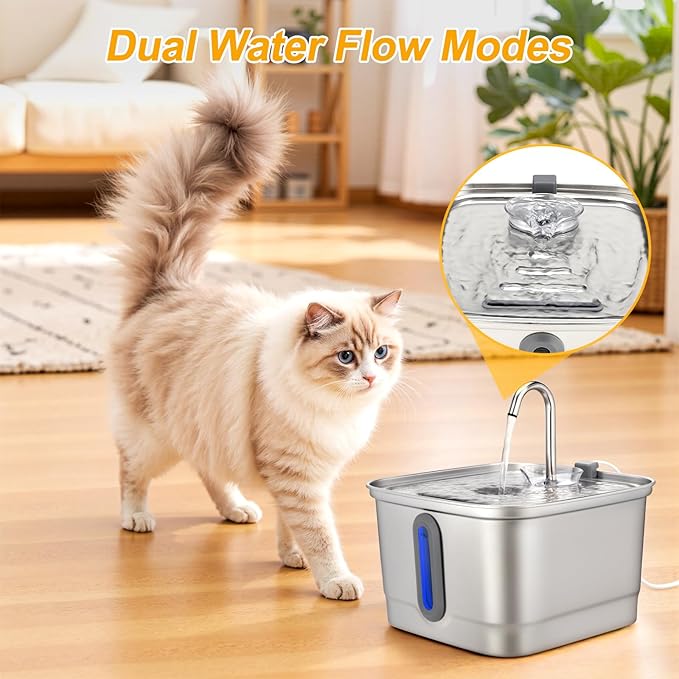 Stainless Steel Cat Water Fountain, 101oz/3L Automatic Pet Water Fountain, Dog Water Fountain with Replacement Filters for Cats, Small Dogs (2 Filters and 2 Sponges)