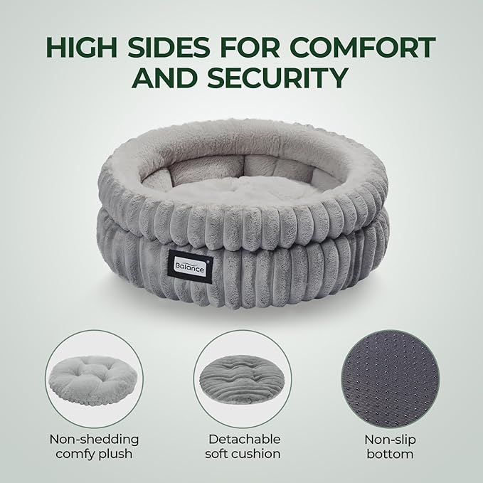 BALANCE Cat Bed Kitten Bed, Washable Round Cat Beds for Indoor Cats, Super Soft Plush Faux Fur Pet Bed for Puppy and Kitten with Anti-Slip Bottom