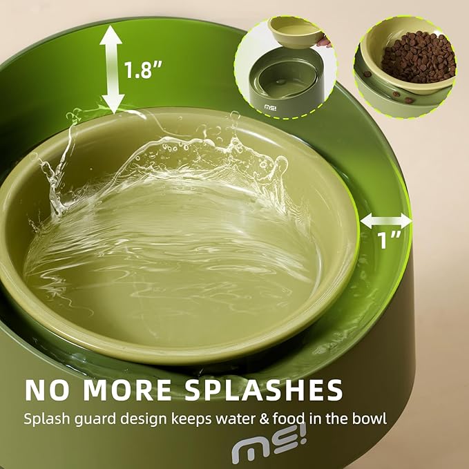 MS!MAKE SURE Cat Bowls, Adjustable Elevated Ceramic Cat Bowls with Anti-Slip Rubber Pad, Splash Guard, Lead & Cadmium Free, Whisker Friendly, for Puppies & Cats - 5.1" Wide, 295ML (10 oz), Green