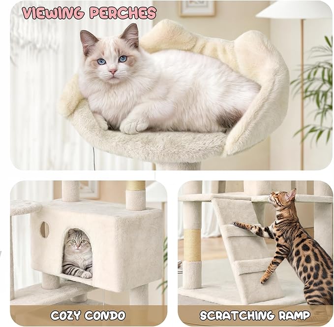 MoNiBloom 54 Inch Cat Tree Tower for Indoor Cats Large Adults, Cat Tower with Scratching Post, Multi-Level Furniture Activity Center with Cat Condo Pet Play House, Beige