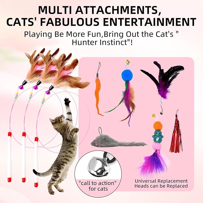 13 PCS Cat Wand Toys, Interactive Kitten Toys for Indoor Cats with Teaser Wand String for Exercise Kitten, Includes Replacements Feather, Worm, Mouse, Rainbow Strip