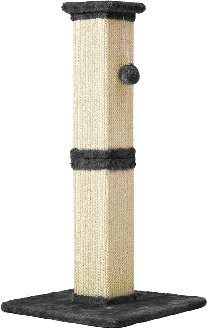 Cat Scratching Post with Hanging Toy Ball, 32-Inch Tall Sisal Cat Scratcher for Indoor Cats, Grey