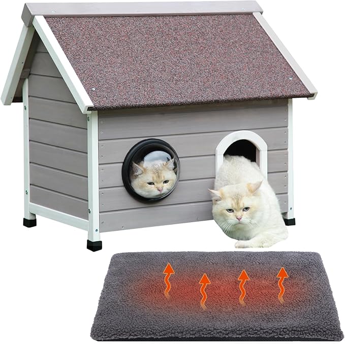 Rockever Outdoor Cat House, Feral Cat House Outdoor Weatherproof with Escape Door and Clear Windows for 2 Cats(with Self Warming Mat)