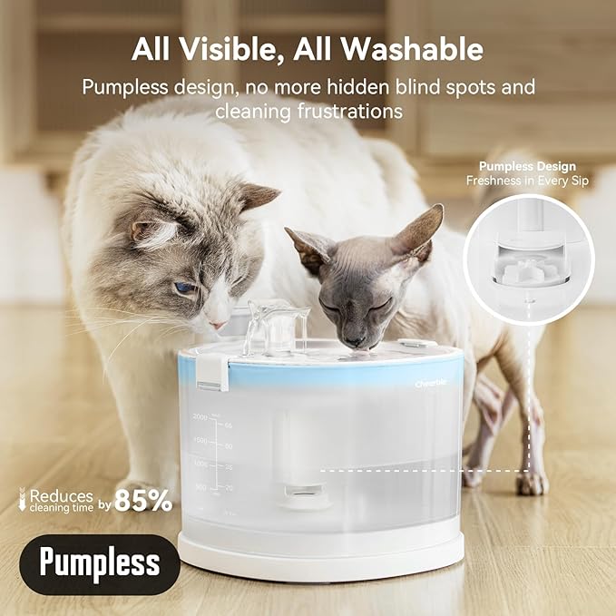 Cheerble Pumpless Cat Water Fountain, 2L/67oz E1 Automatic Cat Water Dispenser for Cats & Dogs MagDrive™ Technology Dual Mode Dispensing, No Cleaning Hassle, No Electrical Leakage, BPA-Free
