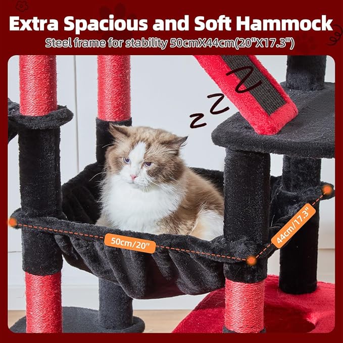 Taoqimiao Cat Tree 71-Inch, Cat Tower for Indoor Cats Large Adult, Multi-Level Large Cat Condo, 8 Sisal Scratching Posts, Metal Frame Cozy Hammock, Scratch Board, 2 Top Perches, Jelly Pink MS026LP