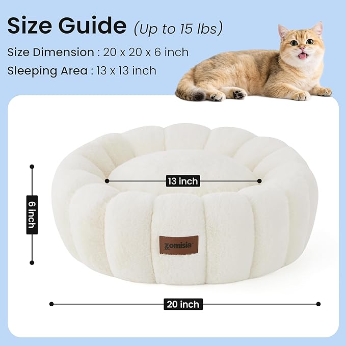 Plush Donut Kitten Beds, Round Small Dog Bed for Puppies, Anti-Slip Bottom, Beige