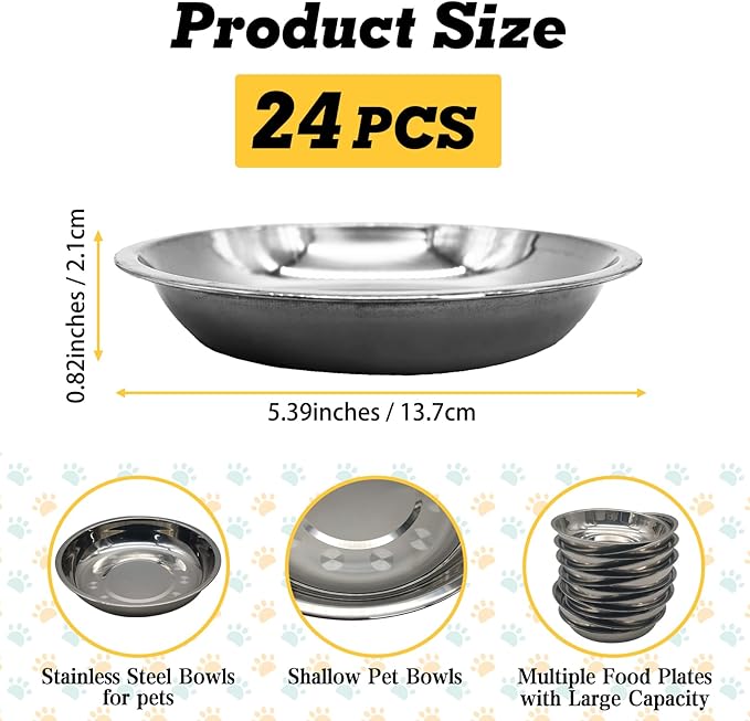 Hamiledyi 24 Pcs Stainless Steel Cat Bowls Shallow Metal Pet Dishes Cat Food Feeding Plates Replacement Whisker Fatigue Kitten Food Bowl for Dogs Cats and Other Small Animals (5.40 Inch Diameter)