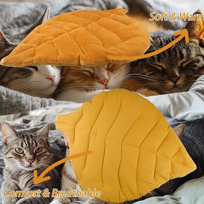 Leaf Shaped Self-Warming Cat Bed Mat – 26"x20" Flannel & Cotton Pet Pad, Warm Pet Cat Mat for Indoor, Soft Kitten Cushion & Puppy Mattress (Yellow)