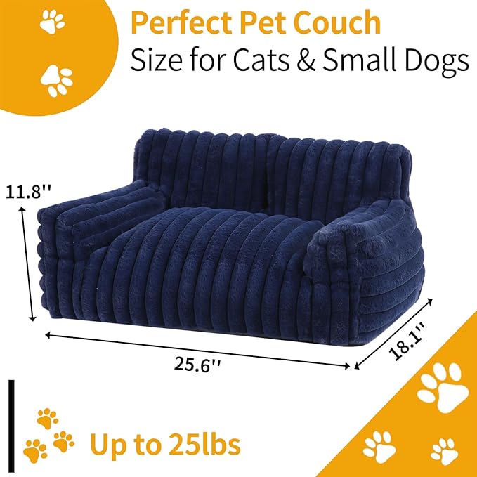Fluffy Cat Bed, Small Dog Bed with Bone Shaped Pillow, Anti-Anxiety Pet Couch with Washable Cover, Blue