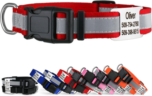 GoTags Reflective Personalized Dog Collar with Nameplate, Adjustable Dog Collar with Custom Engraved Steel Slide On Pet ID Tag, Silent, No Noise Dog Tag for Large Medium or Small (Red, Large)