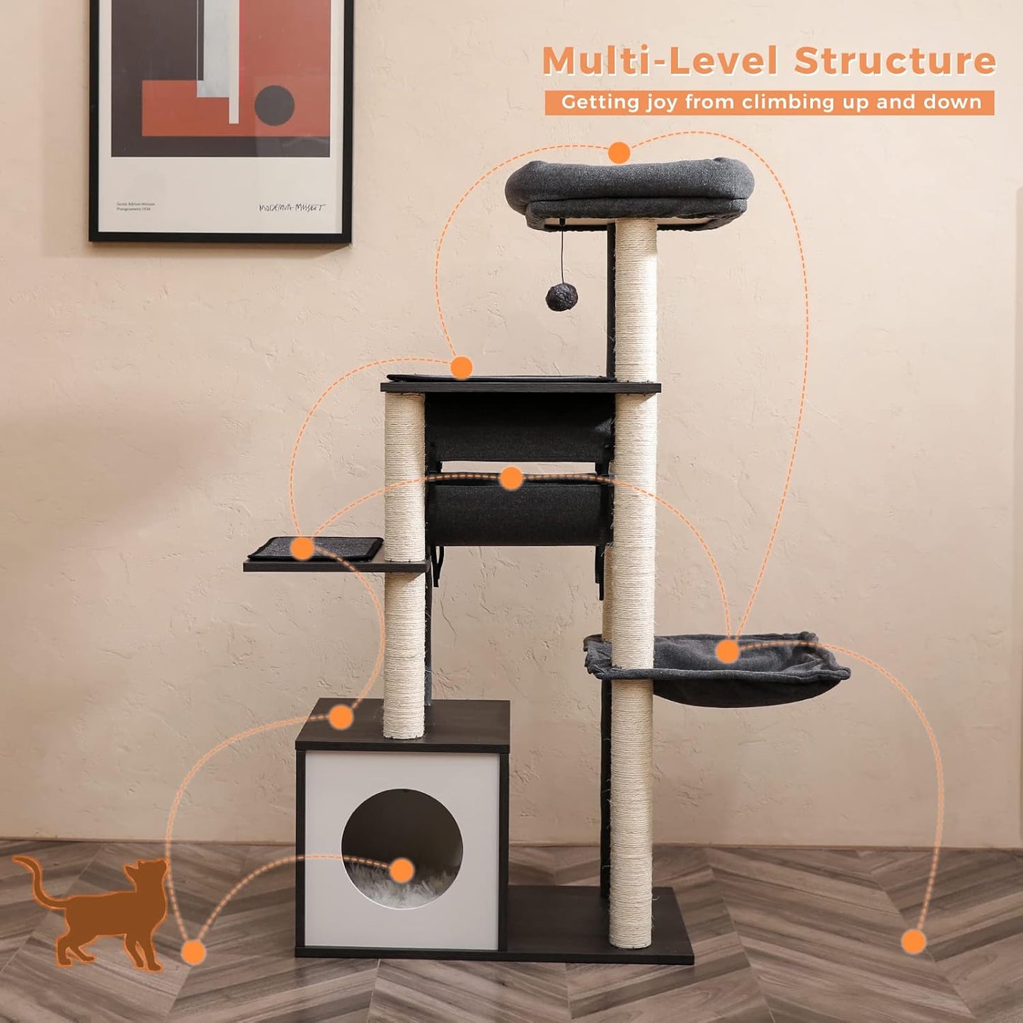 PEQULTI 51.4 Inches Modern Cat Tree Premium 6 Levels Wooden Cat Tower with Fully Sisal Covered Scratching Posts, Cozy Condo, Spacious Perch, Super Large Hammock and Swing Tunnel for Indoor Cats Gray