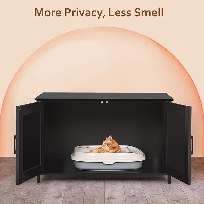 Homhedy Cat Litter Box Enclosure, Wooden Cat Washroom Furniture with Barn Door, Pet House, Fit Most of Litter Box, Black
