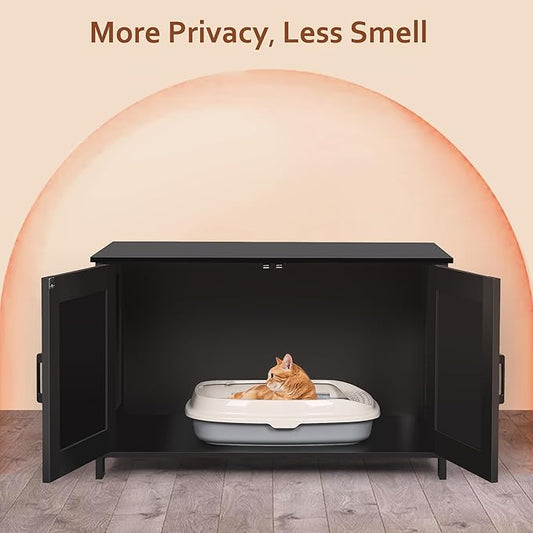 Homhedy Cat Litter Box Enclosure, Wooden Cat Washroom Furniture with Barn Door, Pet House, Fit Most of Litter Box, Black