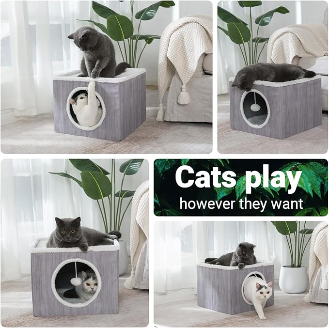 LUCKITTY Cat Condo House with Reversible Cushions and Fluffy Ball Hanging, Foldable Cube, Large Cave Bed for Indoor Cats Kittens, Grey Wood Grain Pattern