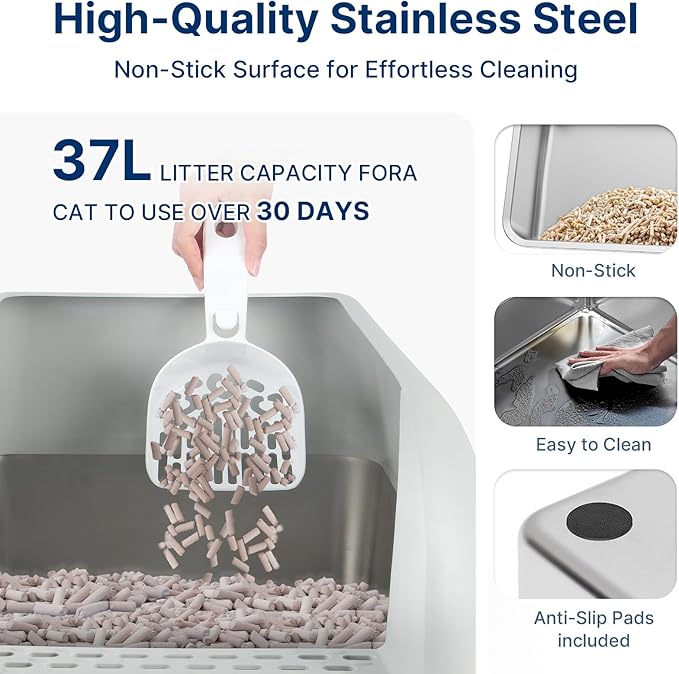 23.6"x15.7"x6" Enclosed Stainless Steel Litter Box with Lid, XL Sifting Litter Box for Pine Pellets with Removable Drawer Pan for Easy Cleaning, High Sides Large Metal Litter Box System for Big Cats