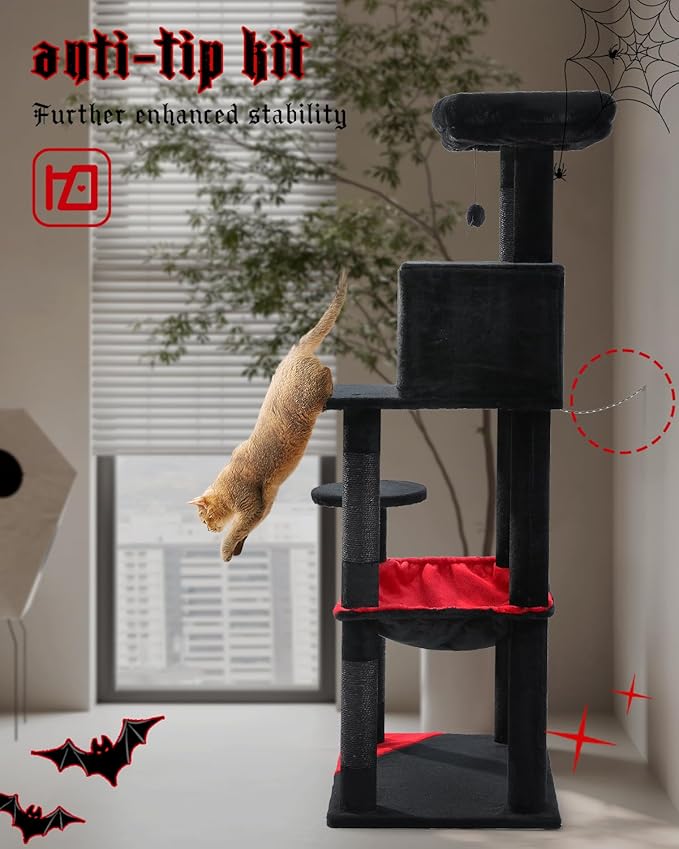 Gothic Cat Tree with Super Large Hammock, 56.3" Black Cat Tower with Coffin Bed, Cat Condo, Sisal Scratching Posts & Top Perch, Multi-Level Goth Cat Tree, Halloween, Black