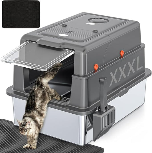 XXXL Extra Large Stainless Steel Litter Box with Lid, 28" L x 20.5" W x 17" H Covered Stainless Steel Litter Box, Suitable for Large Cats and Multiple Cats, Non-Sticky, Anti-Leakage, Easy to Clean